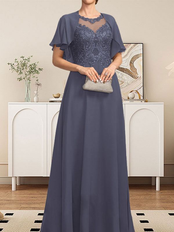Vestido de gasa con encaje y lentejuelas para madre de la novia, corte A, escote ilusión, largo hasta el suelo