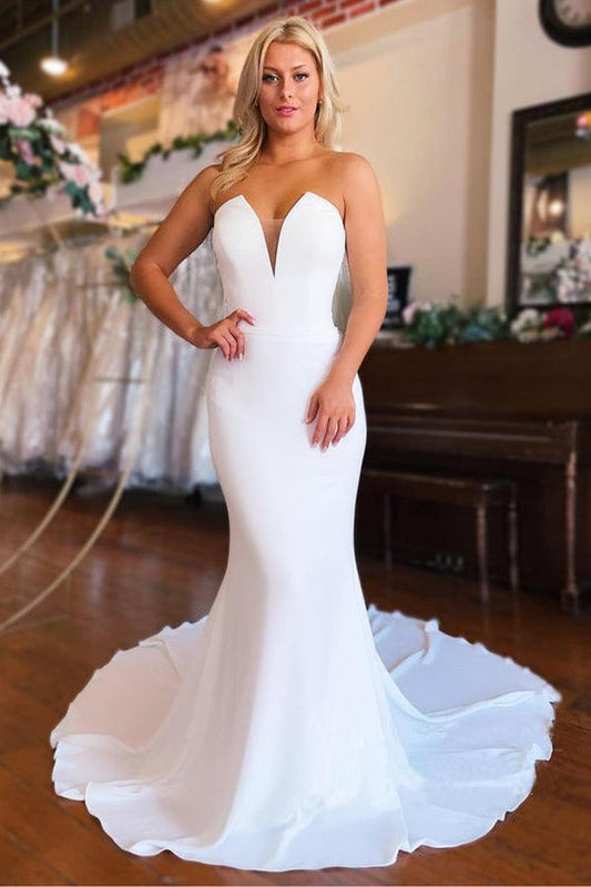 Trägerloses Kapelle-Schleppe Meerjungfrau Langes Satin Brautkleid WD603