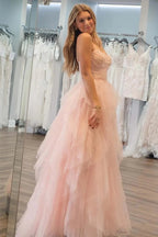 Impresionante vestido de fiesta sin tirantes de tul con lentejuelas rosa claro y cuentas PSK476