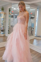 Impresionante vestido de fiesta sin tirantes de tul con lentejuelas rosa claro y cuentas PSK476