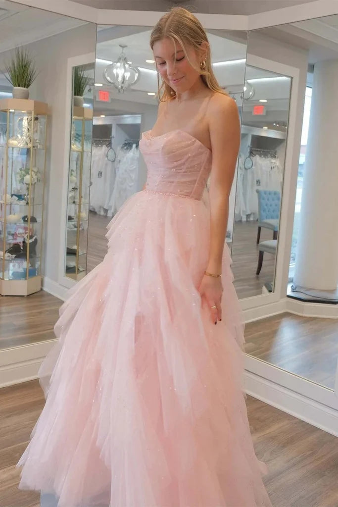 Impresionante vestido de fiesta sin tirantes de tul con lentejuelas rosa claro y cuentas PSK476