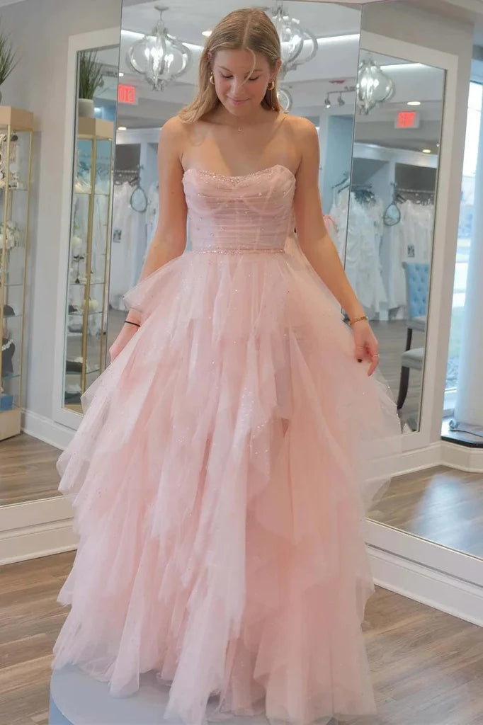 Impresionante vestido de fiesta sin tirantes de tul con lentejuelas rosa claro y cuentas PSK476
