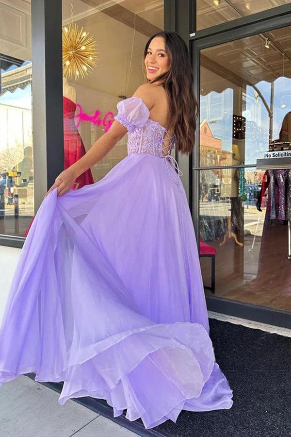 Trägerloses, langes Abendkleid aus lila Tüll in A-Linie, bodenlang, Ballkleid PSK408