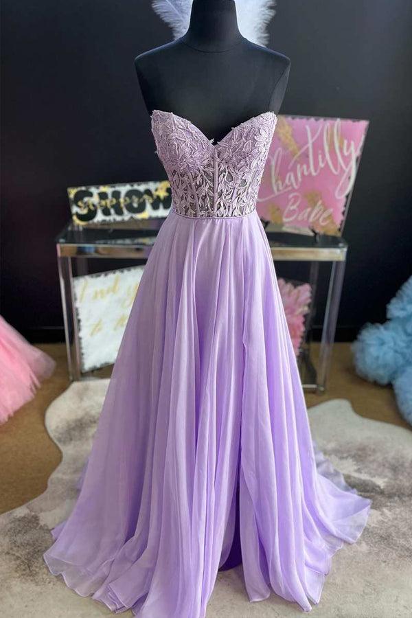 Trägerloses, langes Abendkleid aus lila Tüll in A-Linie, bodenlang, Ballkleid PSK408