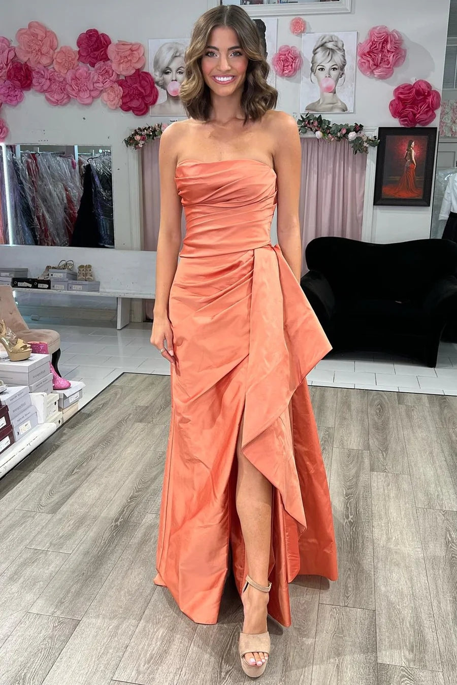 Strapless Ruched Maxi Magenta Prom Dress With Court Train