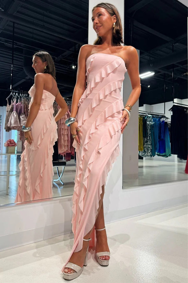 Vestido de dama de honor de gasa rosa con volantes y abertura, sin tirantes, BD121