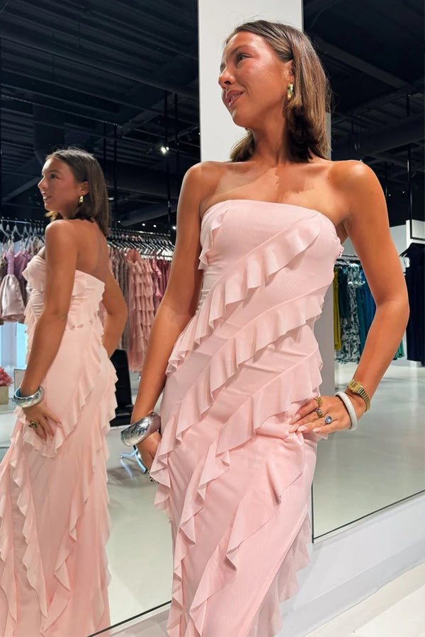 Vestido de dama de honor de gasa rosa con volantes y abertura, sin tirantes, BD121