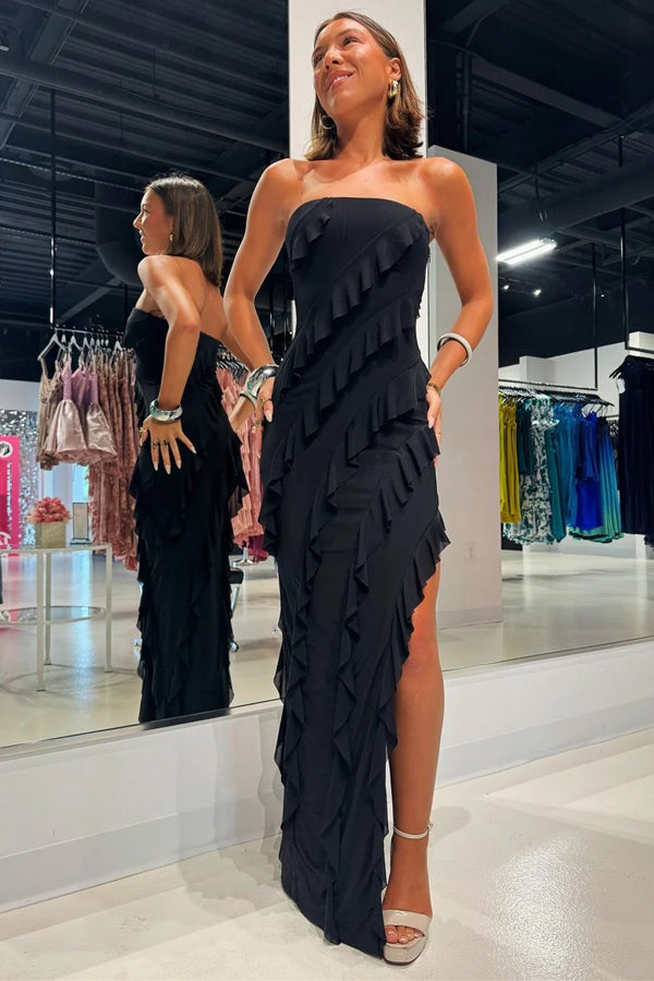 Vestido de dama de honor de gasa rosa con volantes y abertura, sin tirantes, BD121