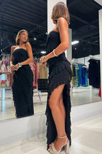 Vestido de dama de honor de gasa rosa con volantes y abertura, sin tirantes, BD121