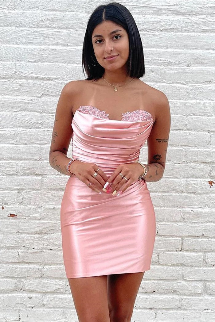Vestido corto rosa de fiesta con escote corazón y satén sin tirantes PD521