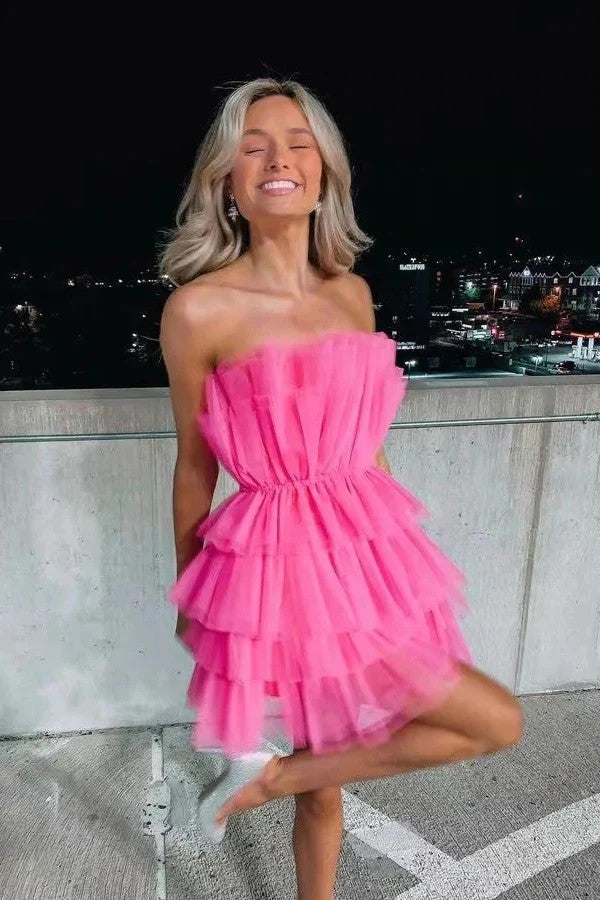 Vestido de fiesta rosa de tul escalonado sin tirantes para quinceañeras PD556