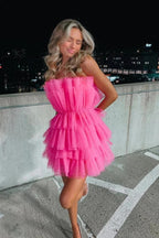 Vestido de fiesta rosa de tul escalonado sin tirantes para quinceañeras PD556