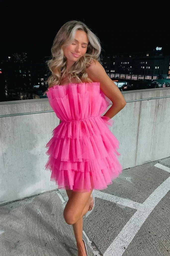 Vestido de fiesta rosa de tul escalonado sin tirantes para quinceañeras PD556
