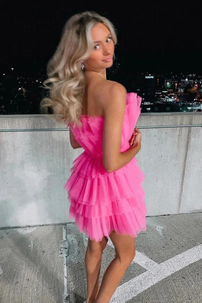 Vestido de fiesta rosa de tul escalonado sin tirantes para quinceañeras PD556