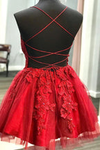 Rotes kurzes Homecoming-Kleid mit Spitzenapplikation SYH22