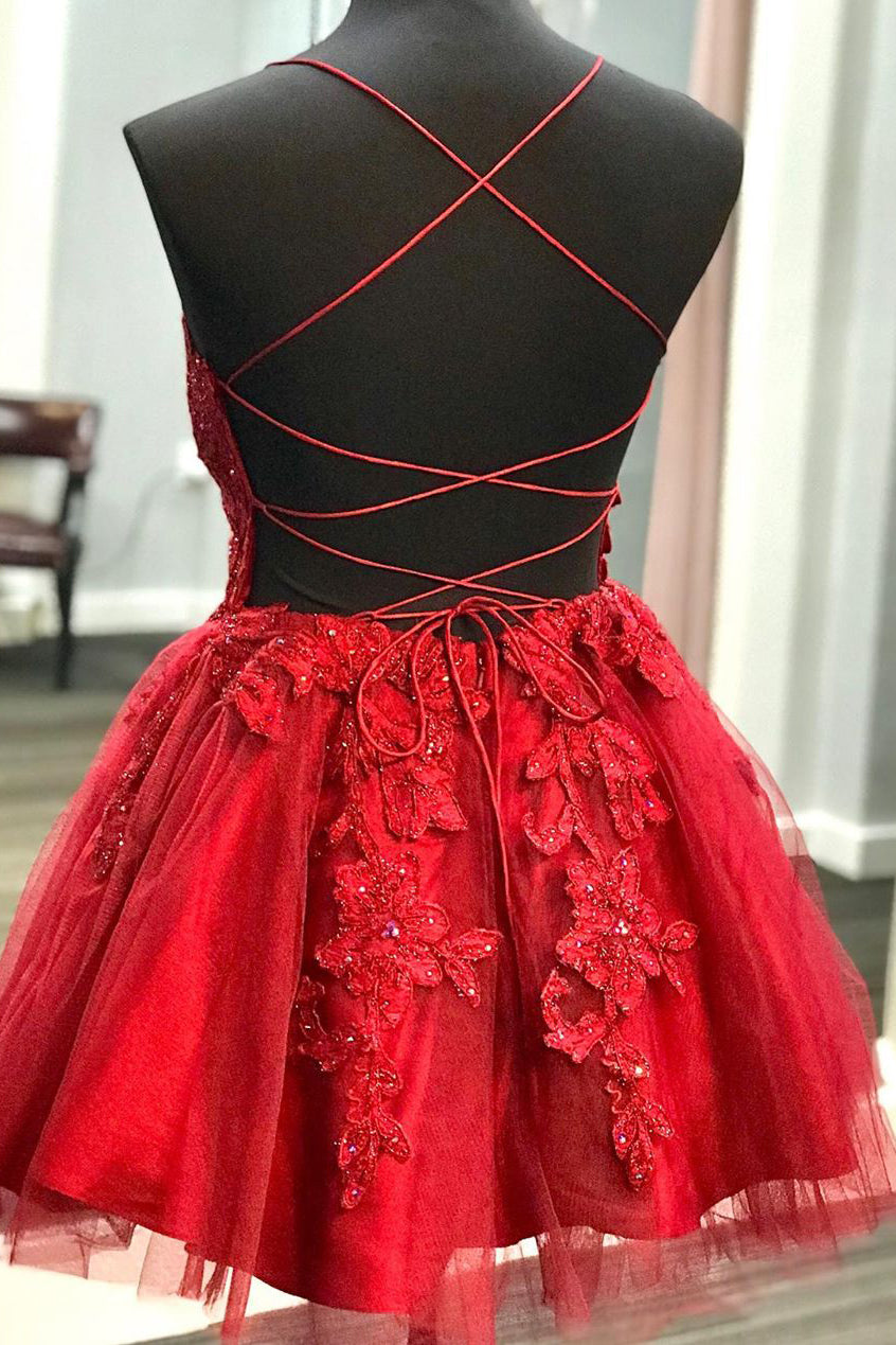 Rotes kurzes Homecoming-Kleid mit Spitzenapplikation SYH22