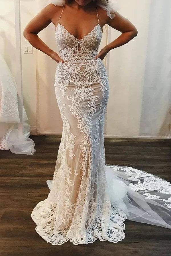 Straps Lace Mermaid Wedding Dresses Boho Wedding Dresses WD714
