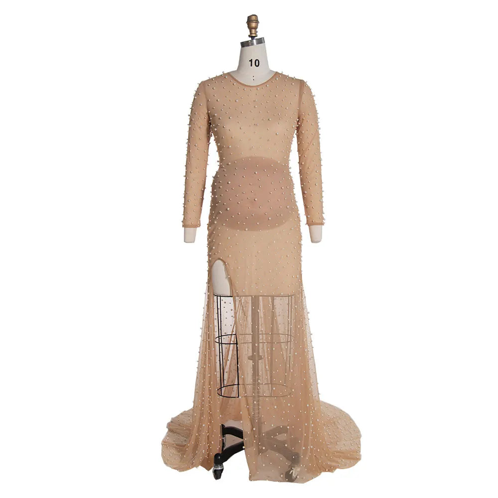 Stretchy Mesh Pearls Maternity Fitted Dress for Photoshoot SY0828