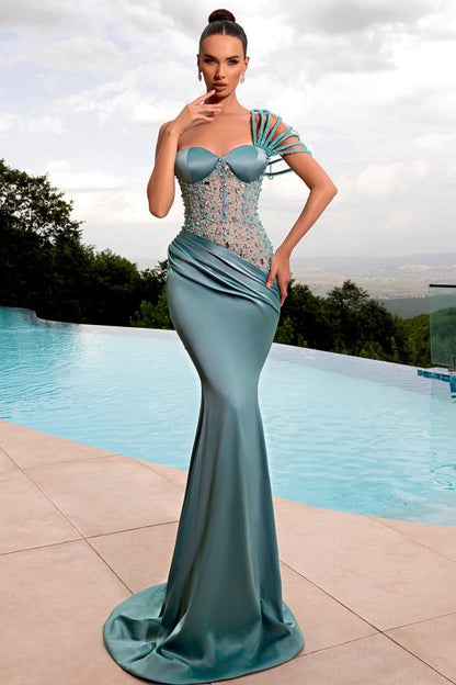 Stilvolles langes Meerjungfrau-Abendkleid mit One-Shoulder-Träger und Perlenstickerei