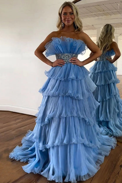 Stilvolles blaues trägerloses A-Linien-Ballkleid mit langen Stufen und Gürtel PSK483