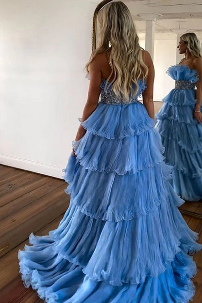 Stilvolles blaues trägerloses A-Linien-Ballkleid mit langen Stufen und Gürtel PSK483