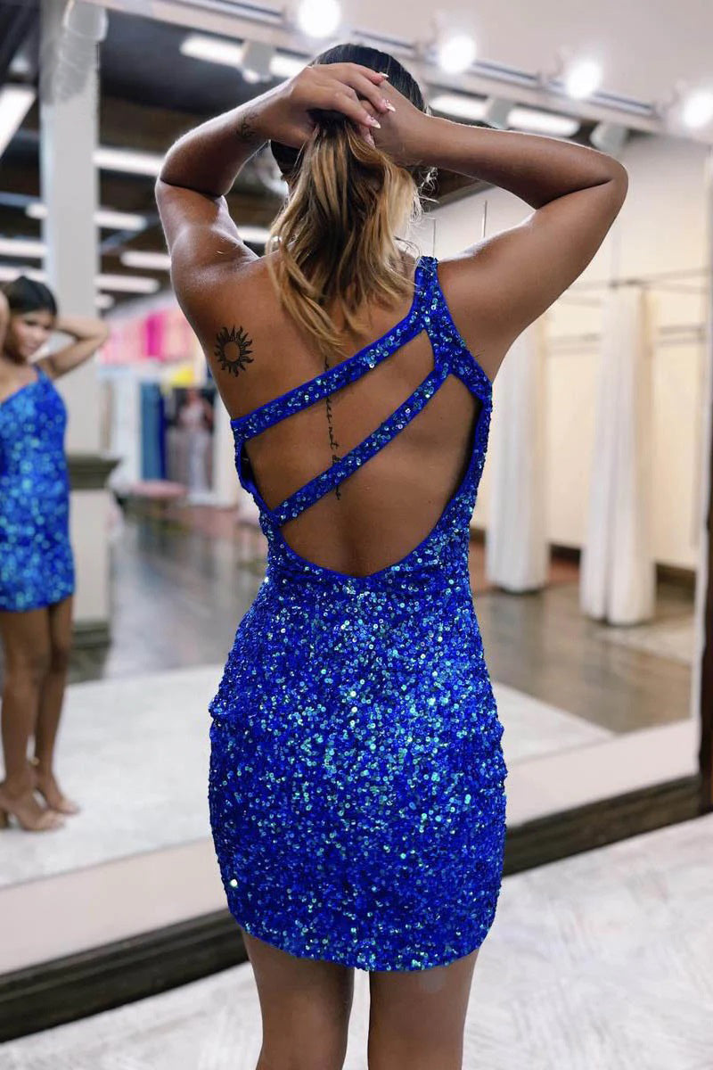 Elegante minivestido de cóctel sin mangas, brillante, con un solo hombro, para regreso a casa PD494