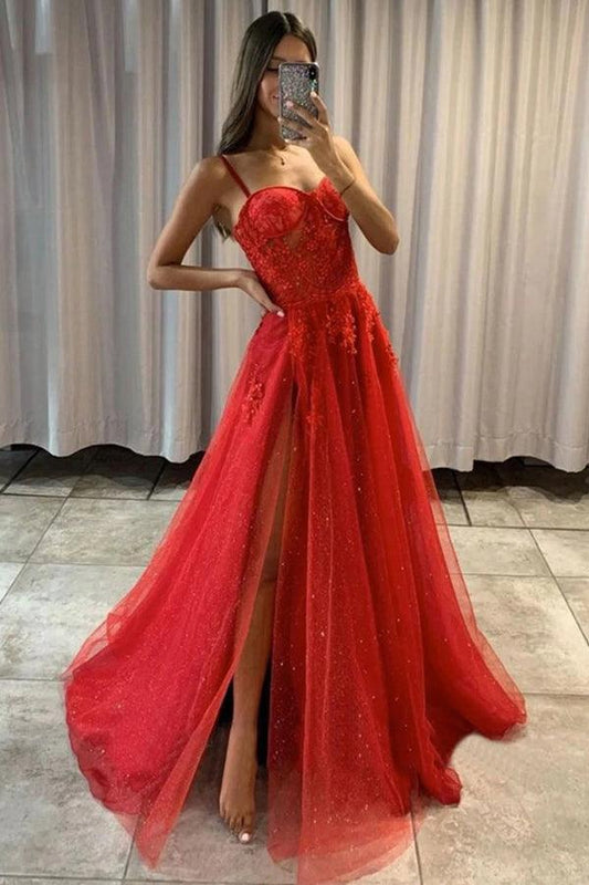 Sweetheart A-line Red Lace Sparkly Tulle Prom Dresses Formal Dresses