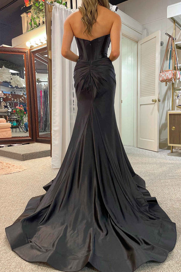 Vestido de fiesta largo negro de corte sirena con escote corazón y abertura PSK533