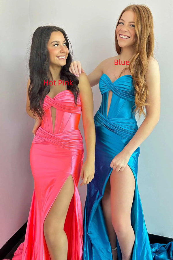 Vestido de fiesta largo negro de corte sirena con escote corazón y abertura PSK533