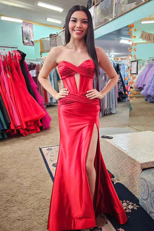 Vestido de fiesta largo negro de corte sirena con escote corazón y abertura PSK533