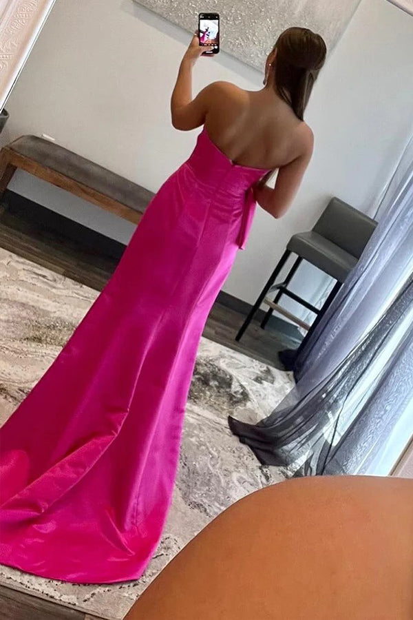 Hot Pink Etuikleid mit Herzausschnitt und Schleife, langes Ballkleid, PSK540