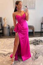 Hot Pink Etuikleid mit Herzausschnitt und Schleife, langes Ballkleid, PSK540