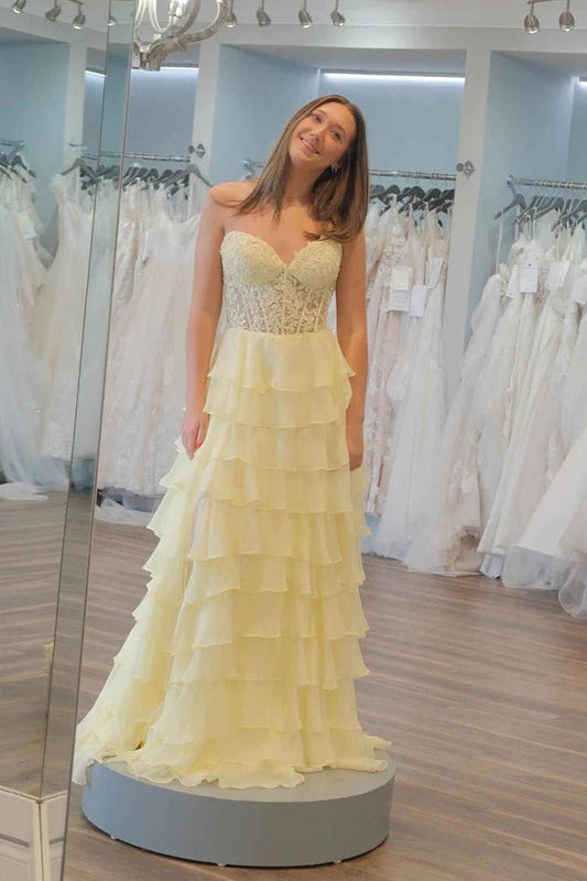 Robe de bal longue en mousseline de soie avec corset en dentelle et volants PSK526