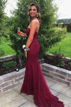 Burgunderrotes Meerjungfrau-Abendkleid mit herzförmigem Ausschnitt und Spitze, trägerlos, PSK427