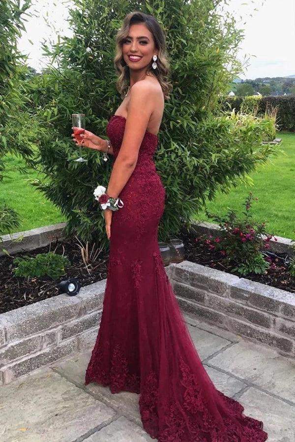 Sweetheart Mermaid Burgundy Lace Prom Dress Strapless Evening Dress