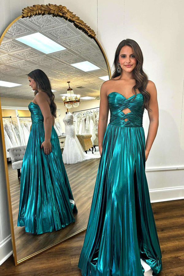Vestido de fiesta largo verde esmeralda plisado metalizado con escote corazón PSK591