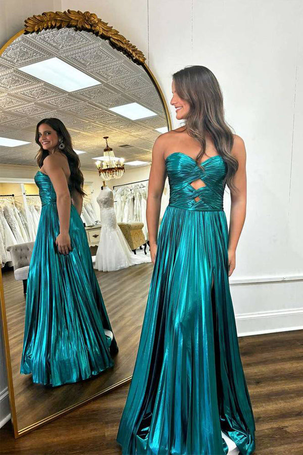 Vestido de fiesta largo verde esmeralda plisado metalizado con escote corazón PSK591
