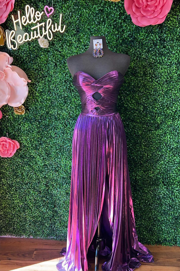 Vestido de fiesta largo verde esmeralda plisado metalizado con escote corazón PSK591