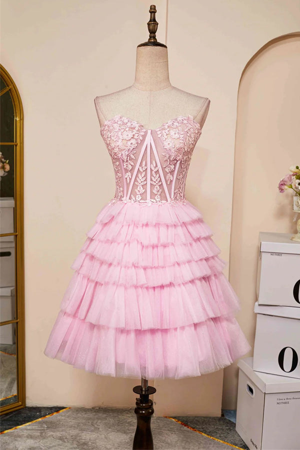 Vestido de fiesta rosa sin tirantes y con escote corazón en capas PD514