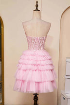 Vestido de fiesta rosa sin tirantes y con escote corazón en capas PD514