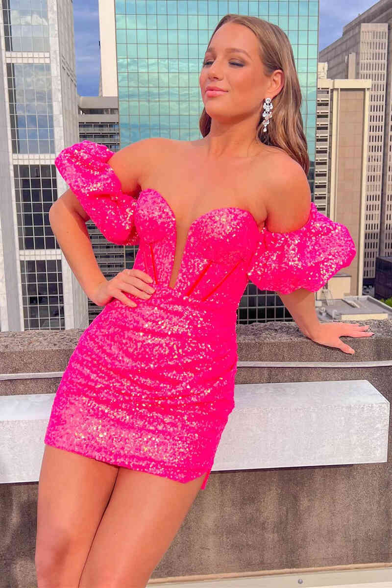 Pinkes Homecoming-Kleid mit Puffärmeln SYH26