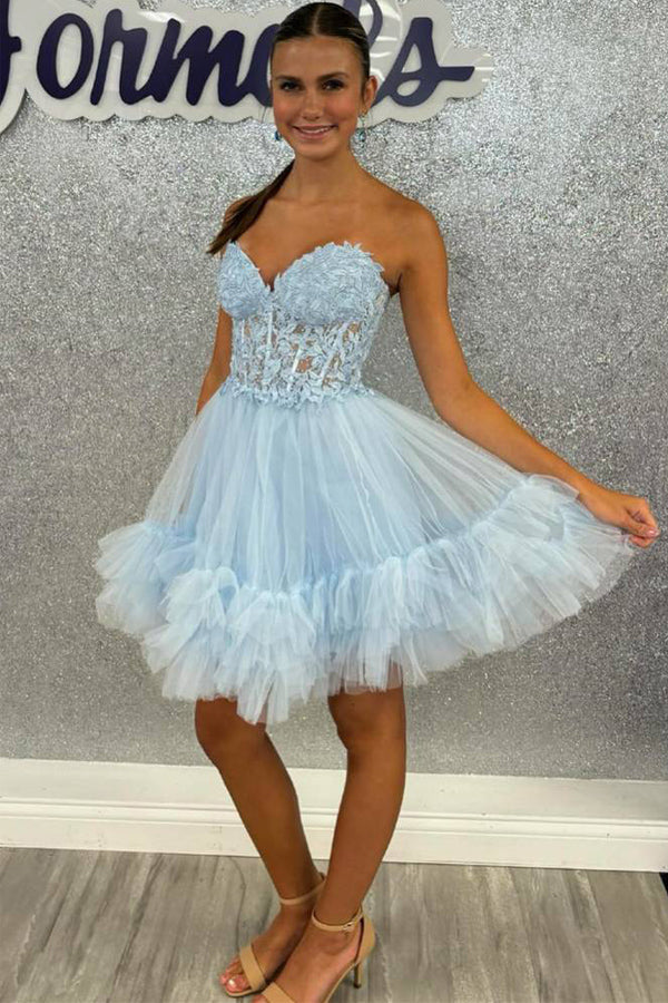 Herzausschnitt, transparentes Korsett mit Rüschen, hellblau, Homecoming-Kleid, PD531