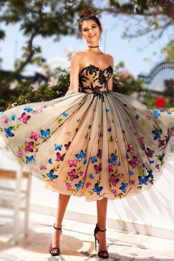 Sweetheart Short Prom Dress With Butterfly Lace Knee Length Homecoming Dress,