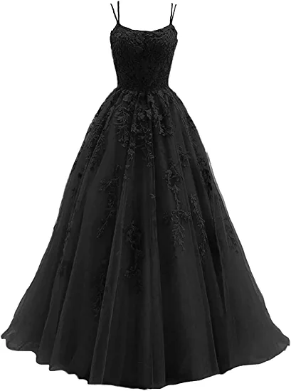Spaghettiträger-Abschlussballkleid mit Spitzenapplikationen, Hochzeitstüll, langes Kleid, Prinzessin, formelle Abendkleider Y1202