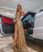 Glamouröses goldenes ärmelloses Abendkleid mit Etuikleid Y6019