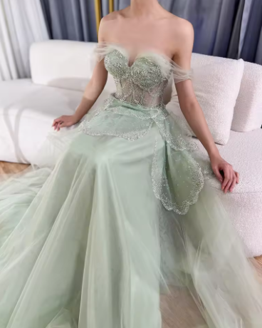 Sage Green A-Line Off The Shoulder Tulle Beaded Evening Dress Formal Prom Dress Y8157