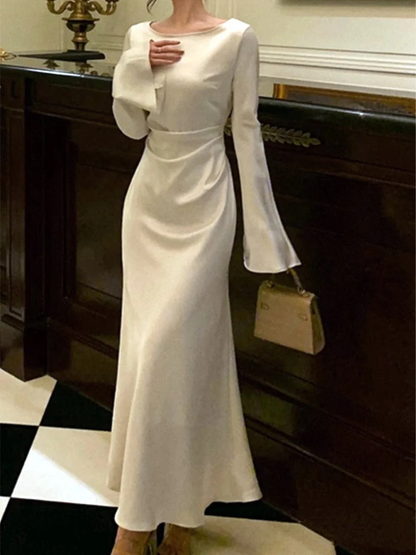 Vestido de noche de satén con cuello redondo para mujer, vestido de cóctel blanco sencillo Y6894