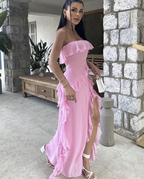 Vestido de noche largo rosa con abertura y volantes, sin tirantes, para cumpleaños y graduación, Y8203