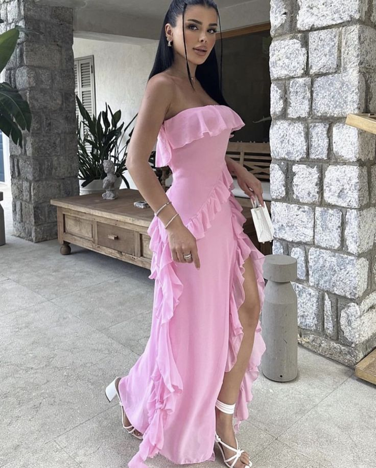 Vestido de noche largo rosa con abertura y volantes, sin tirantes, para cumpleaños y graduación, Y8203