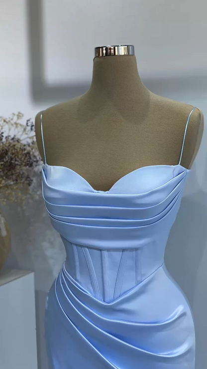 Vestido de noche largo de sirena azul con tirantes finos de satén y pliegues para mujer, vestido de fiesta de boda Y4563